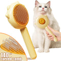 Shedless self-cleaning pet brush with curved 140 degree head, shown beside a long-haired cat
