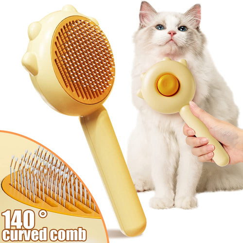 Shedless self-cleaning pet brush with curved 140 degree head, shown beside a long-haired cat